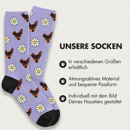 Purple socks with dog designs and floral print, breathable and available in different sizes.