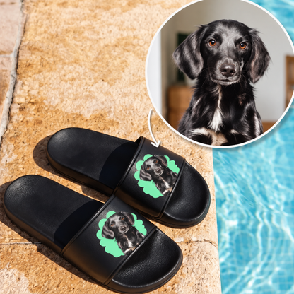 Black slides with a green pet portrait on the strap. Ideal for animal lovers.