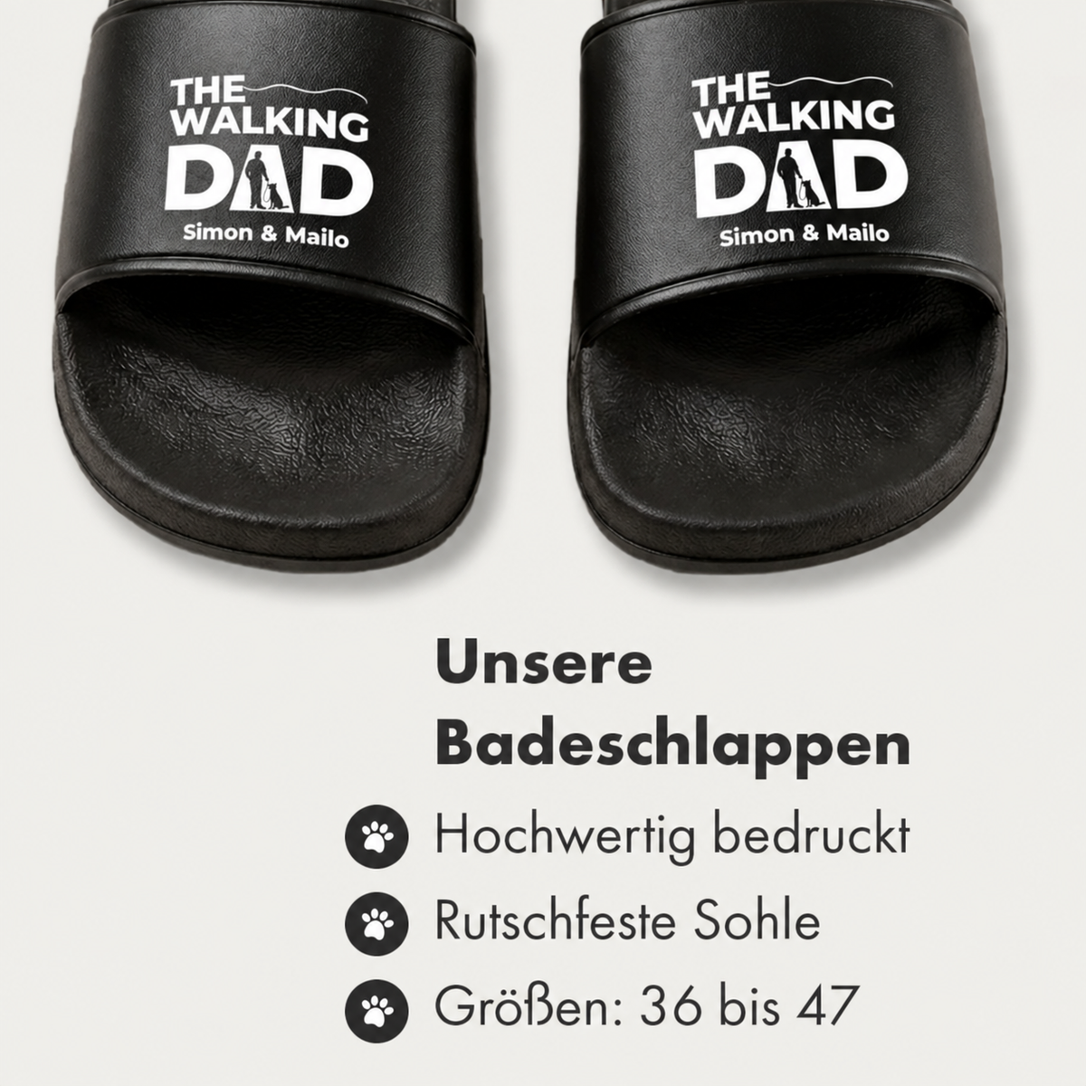 Black slides with "The Walking Dad" print and personalized names. Non-slip sole.