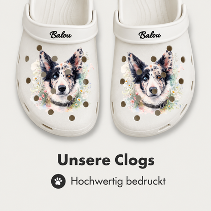 Personalized white clogs with a watercolor dog print and the name Balou. High-quality finish.